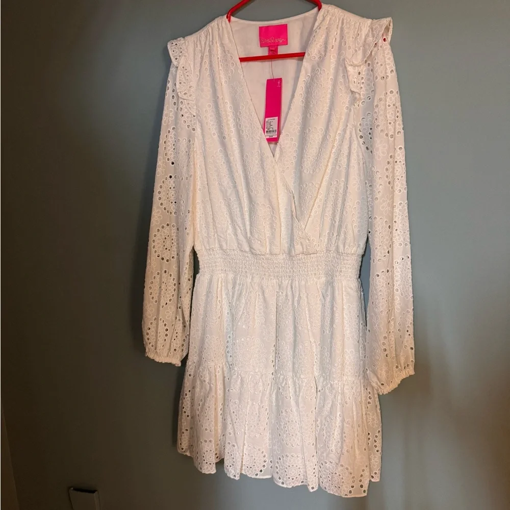 Lilly Pulitzer White Eyelet Long Sleeve Smocked Waist Taviana Dress SIZE 16 - Picture 6 of 11